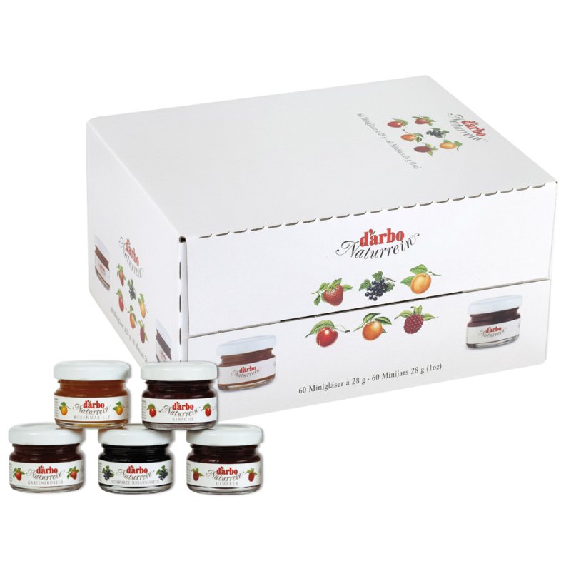 HELLMA pots de confiture miniature assortis, 5 saveurs, 60 pièces de 28 g